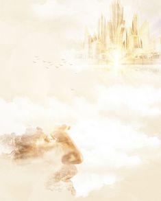 an artistic painting of a woman's face in the clouds with a city skyline in the background