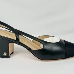 Chanel Slingback Cap Toe Heel Black/Black Goatskin - Grosgrain Size 37 2.6" Heel New In Box. Never Worn. Pristine Condition. Comes With Box, Dustbags (Camelia Ribbon And Bag Upon Request) **All Items Are 100% Authentic ** Same/Next Day Shipping Chanel Black Heels, Chanel Slingback Outfit, Chanel Slingback Shoes, Chanel Heels, Chanel Slingback, Shoes Chanel, Two Strap Sandals, Slingback Shoes, Heels Black