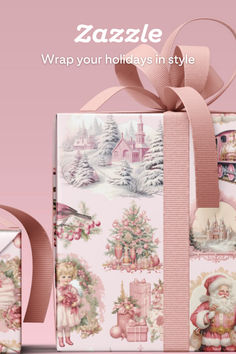 a gift box with pink ribbon and santa clause wrapping around it