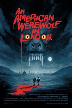 an american werewolf in london poster with two people walking towards the camera and one person standing on