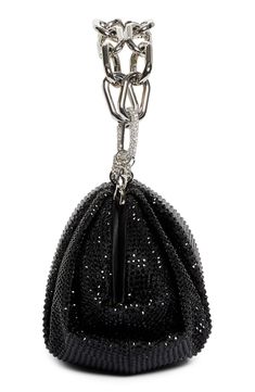 Inspired by vintage jewelry pouches, this crystal-covered clutch features a deco-style closure and pleated silhouette. Push-clasp closure Removable chain top handles Textile/crystal Imported Designer Handbags Elegant Evening Bag With Fold Over Clasp For Party, Elegant Party Evening Bag With Fold Over Clasp, Luxury Evening Bag With Chain Strap For Cocktail, Luxury Cocktail Evening Bag With Chain Strap, Evening Clutch With Fold Over Clasp, Luxury Evening Bag With Fold Over Clasp For Party, Evening Pouch Bag With Fold Over Clasp, Judith Leiber Handbags, Judith Leiber Couture