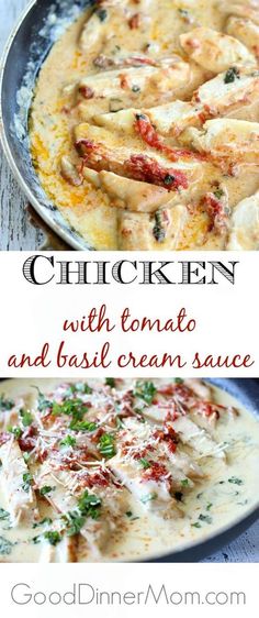 chicken with tomato and basil cream sauce in a skillet