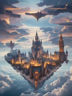 a castle floating in the air surrounded by clouds