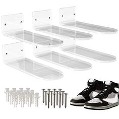 Floating Shoe Display Set of 6 for Wall Mount, Acrylic Shoe Shelf for Wall is Used for Shoe Display or Shoe Box, Suitable for Shoe Wall Shelf in Living Room, Bedroom, Shop Description and features A treasure for shoe fans: The wall-mounted acrylic shoe rack is made of durable 1/4" acrylic. You can display your favorite shoes and design a unique shoe wall. Perfect display of your shoes: The size of sneaker shelves is 8.5*3in, which is longer the traditional sizes on the market, and has support. Y Drywall Anchor, Hanging Shoe Organizer, Hanging Shoes, Shoe Wall, Acrylic Shelf, Shoe Shelf, Mounted Shelves, Shoe Display, Suspension Design