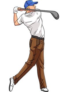 a man swinging a golf club at a ball with his head tilted to the side