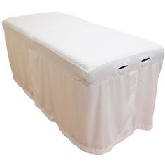 Body Linen Tranquility� Microfiber Massage Table Skirts - 32.25"W x 73"L x 24"H. 120 GSM - Stain Resistant / Color: White    Body Linen Tranquility� Microfiber Massage Table Skirts. Tranquility� massage table skirts are both visually appealing and functional. Now you can use the space below your table for storage that is easily accessible during and between treatments. Hide those unsightly table legs, ugly cords, and even disorganization, while bringing an elegant and beautiful look to any treat Massage Room Decor, Reiki Room, Table Skirts, Esthetics Room, Spa Room Decor, Esthetician Room, Spa Rooms, Massage Bed, Massage Tables