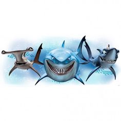 three cartoon sharks with their mouths open and teeth out, swimming in the water together