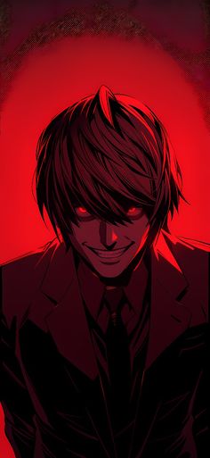 an anime character with red eyes wearing a suit and tie, standing in front of a red background