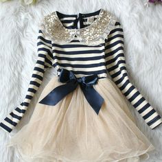 :: collar | stripes | tulle :: Taupe Skirt, Sloane Ranger, Gold Tulle, Tulle Bow, Nautical Dress, Pastel Outfit, Collared Dress, Blue Striped Dress, Children Clothing