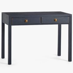 a black desk with two drawers on one side and an open drawer on the other