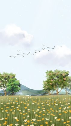 there are many birds flying in the sky above some trees and grass with yellow flowers