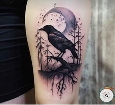 a black bird sitting on top of a tree branch with the moon in the background