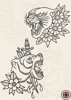 an animal with flowers on it's head and another animal with its mouth open