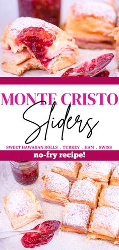 Discover a quick and delicious recipe for Monte Cristo Sliders, a creative twist on the classic sandwich, perfect as an appetizer, tailgating treat, or party snack. Relish the blend of sweet Hawaiian rolls, turkey, ham, and melty Swiss cheese in this no-fry delight. Don't forget to slather each bite with raspberry preserves for an extra burst of flavor! #appetizers #appetizerrecipes #snackrecipes #tailgatingrecipes #partysnacks #partyfood #fingerfoods #sliders #sandwiches Hawaiian Sliders Recipes, Ham And Cheese Sliders On Hawaiian Rolls, Ham Snacks, Hawaiian Appetizers, Sliders Sandwiches, Awesome Sandwiches, Sweet Hawaiian Rolls