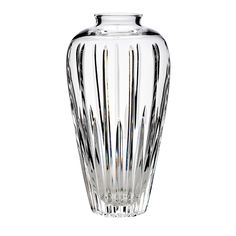 a clear glass vase with thin lines on the top and bottom, sitting against a white background