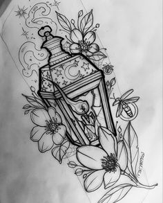 a pencil drawing of a lantern with flowers and stars on the top, surrounded by butterflies