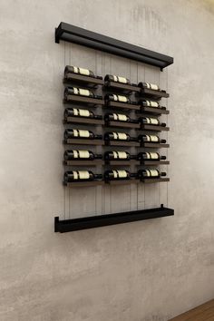 a wall mounted wine rack filled with bottles