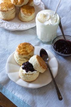 scones with jam and whipped cream on a white plate