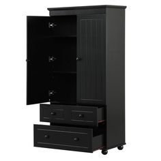 an armoire with two drawers and one door on the bottom, in black finish