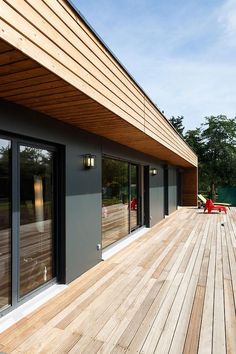 a large wooden deck with sliding glass doors