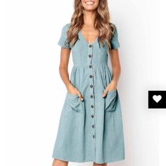 Super Lightweight And Easy To Wear. Button Down Front With Two Front Pockets, V Neckline And Short Sleeves. Never Worn. Nice Neutral Grayish Blue Color. Midi Dress With Pockets, Womens Summer Shorts, Mini Dress Fashion, Women Beach, Dresses Elegant, Women Long Dresses, Fashion 2018, Sweet Dress, Basic Outfits