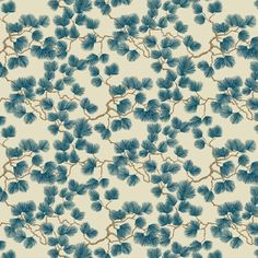 a blue and white wallpaper with small leaves on the top of it, in shades of green