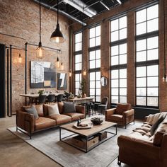 a living room filled with lots of furniture next to tall windows and brick walls in an industrial style building