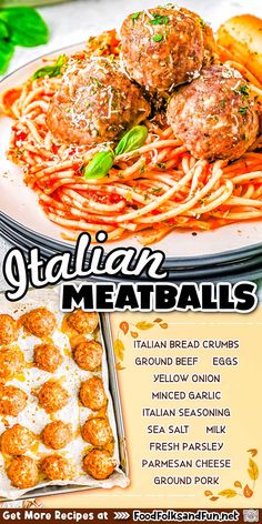 an advertisement for italian meatballs with spaghetti and vegetables on the plate in front of it