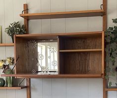 a wooden shelf with some plants on top of it