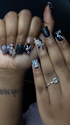 Black Junk Nails Duck, Short Duck Nails Design Ideas, Short Duck Nails Black, Black And White Duck Nails, December Birthday Nails, Black Duck Nails, Silver Acrylic Nails, Junk Nails, Black Duck