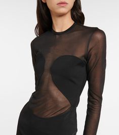 Find ALAÏA Alaïa Semi-sheer Paneled Minidress on Editorialist. Material: 81% viscose, 1% polyurethane, 18% polyamide. Made in Italy. Closure: zipped back. Designer color name: Noir Alaia. Material II: 100% silk. Care instructions: dry clean. Elegant Nylon Club Dress, Elegant Sheer Nylon Mini Dress, Chic Mesh Dress With Sheer Back, Chic Fitted Mesh Dress With Sheer Bodice, Fitted Sheer Midi Dress For Club, Sheer Bodice Mesh Mini Dress For Evening, Evening Dresses With Sheer Sleeves In Nylon, Evening Mini Dress With Sheer Mesh Bodice, Stretch Mesh Top For Evening