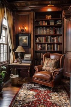 a chair in front of a bookshelf filled with lots of books next to a window