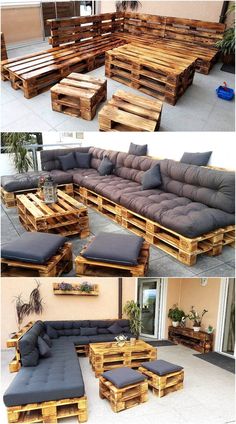 several different types of wooden pallet furniture are shown in this collage, including couches and coffee tables