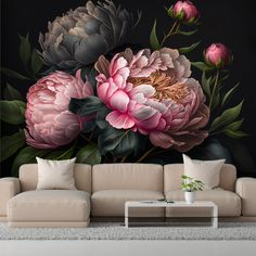 a living room scene with a couch and large flower mural on the wall above it