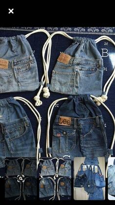 several pairs of blue jean shorts with drawstrings on the bottom and side