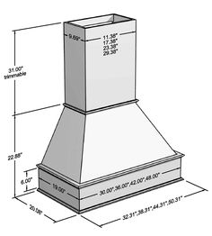 a drawing of a range hood with measurements for the top and bottom portion, including height