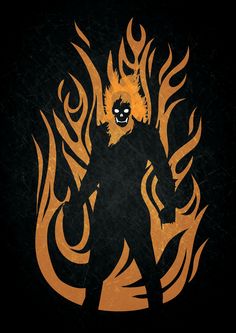 an orange and black poster with a demon on it's face, surrounded by flames