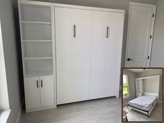 an empty room with white cupboards and a bed