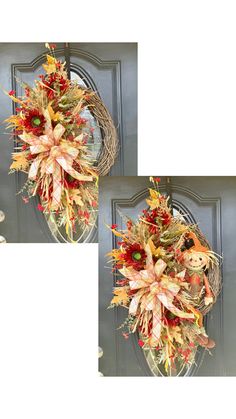 two wreaths with flowers and leaves hanging on a door