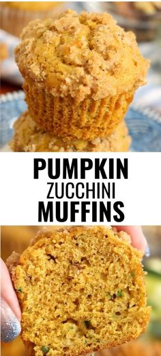 Collage of closeup shot of pumpkin zucchini muffin at top and closeup shot of hand holding half a pumpkin zucchini muffin at bottom. Walnut Zucchini Muffins, Keto Pumpkin Zucchini Muffins, Pumpkin Zucchini Recipes, Thanksgiving Tea, Zucchini Recipes Dessert, Zucchini Muffin Recipes