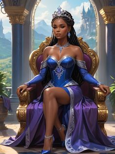 a woman in a blue dress sitting on a throne