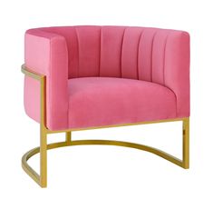 a pink chair with gold legs on a white background