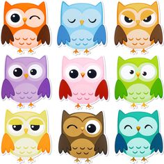 six owls with different colors and eyes