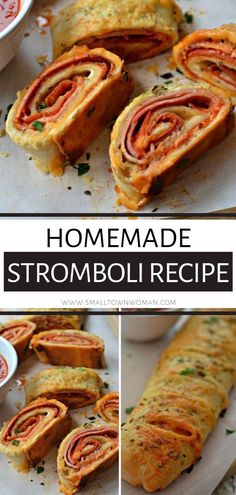 homemade stromboli recipe is shown in three different pictures and has been cut into pieces