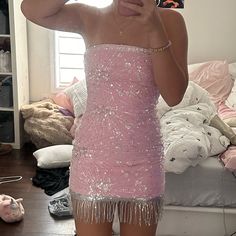 Never Worn,So Cute And Fun Moonrise Outfits, Taylor Fits, Pink Party Dress, Nye Dress, Pink Party Dresses, Light Pink Dress, Gold Sequin Dress, Y2k Dress, Diy Sewing Clothes