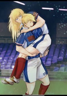 two anime characters hugging each other in front of a stadium full of people with their arms around one another