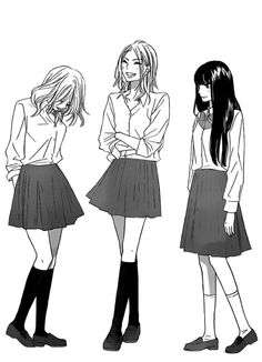 three girls standing next to each other with long hair and skirts on their sides, one girl is wearing a white shirt