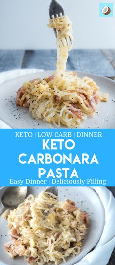 the cover of keto carbonara pasta on a plate with a fork in it