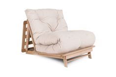 a chair that is made out of wood and has a pillow on top of it