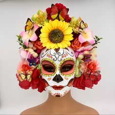 Day Of The Dead Flower Face Mask One Size Size Guide Approximately Length: 14” - Without Flower 5” Width: 13” -Colorful Plastic Flower -Butterfly Decor -Stretchy Elastic At Back -Hand Painted -Colorful Rhinestone -Holes At Nose Brand New Elegant Masquerade Mask, Candle Costume, Silver Masquerade Mask, Day Of The Dead Mask, Masquerade Ball Party, Flower Mask, Flower Face, Lace Mask, Blue Mask